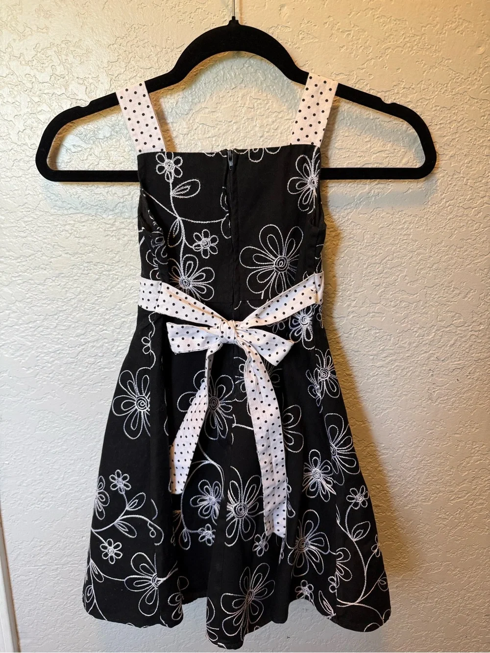 Rare Editions Black Dress with White Floral Embroidery and Polka Dot Belt